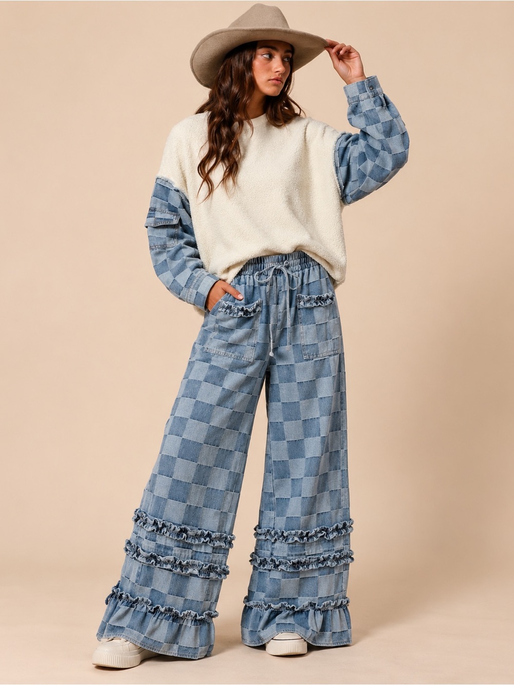 Bibi Washed Checkerboard Ruffled Denim Pants & Top